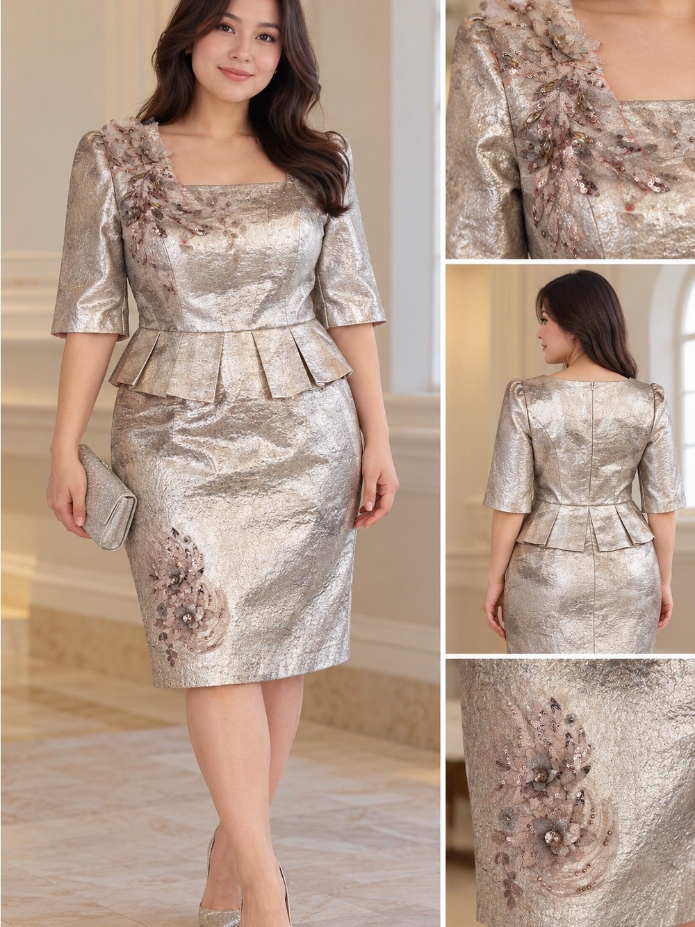 Metallic Gold Peplum Sheath Skirt - Elegant Embellished Women's Skirt
